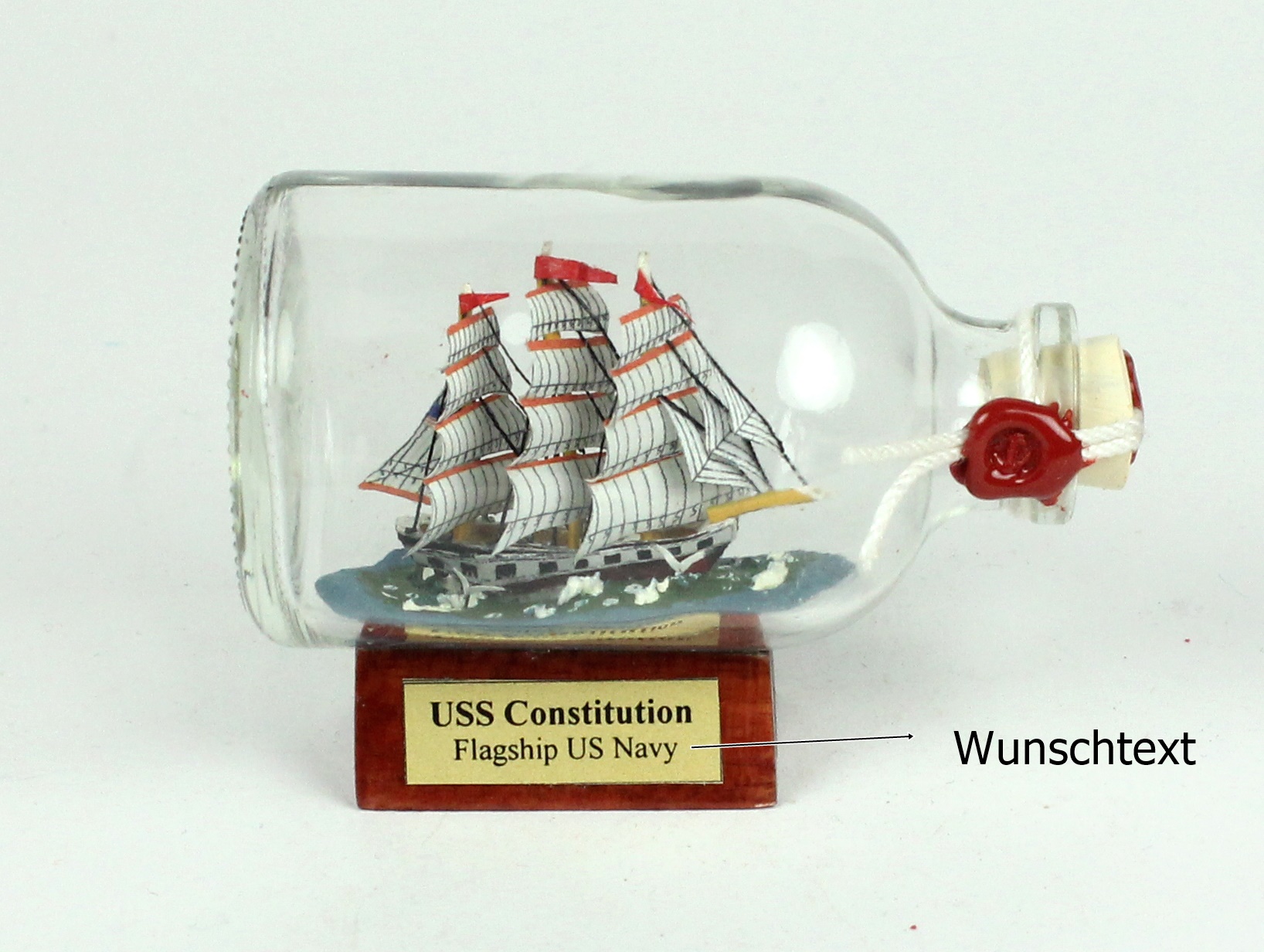 phs152-sonder Buddelschiff 50 ml mit Wunschtext eigene Beschriftung ca. 7,2 x 4,5 cm Flaschenschiff