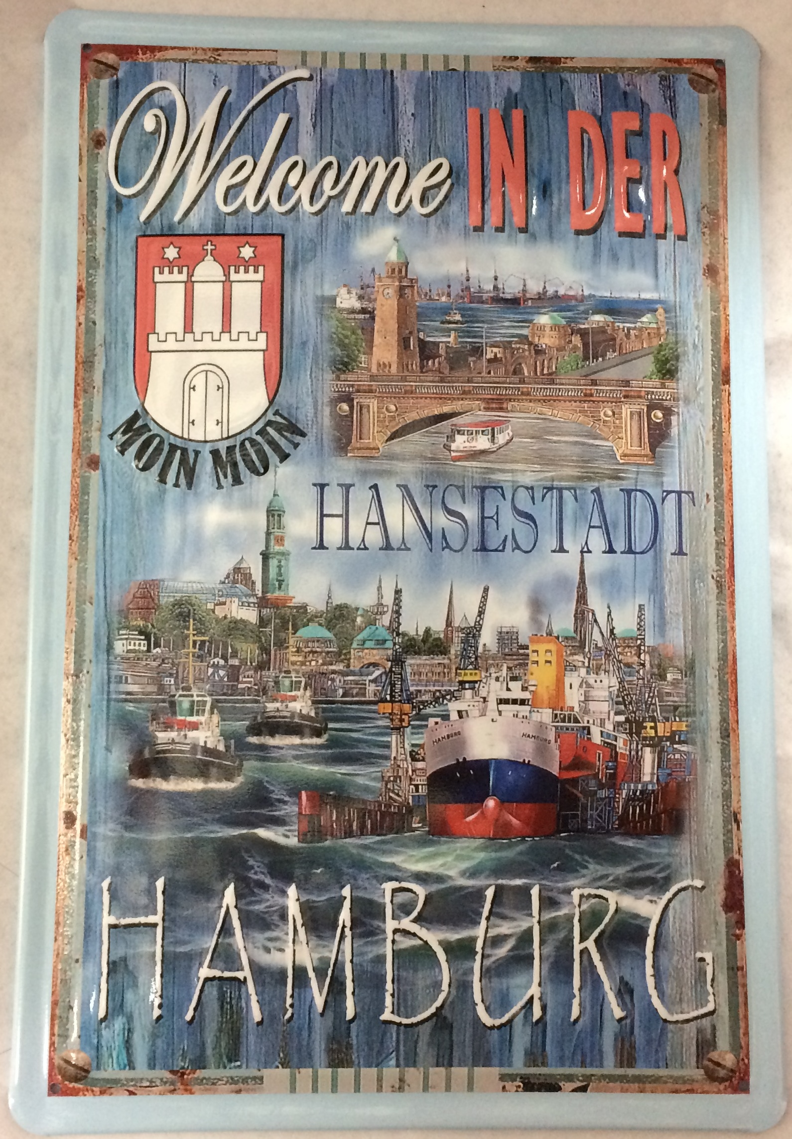 Blechschild Nostalgieschild Hamburg Welcome Moin Moin Hansestadt