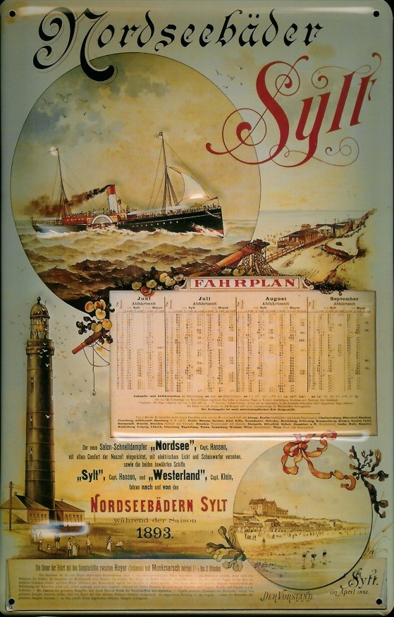 Blechschild Sylt Fahrplan Leuchtturm Dampfer Reedereiplakat Schiff Schild Nostalgieschild