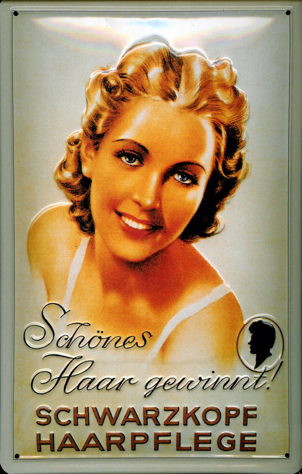 Blechschild Schwarzkopf Haarpflege schöne Haare Haarwasser Schild Nostalgieschild