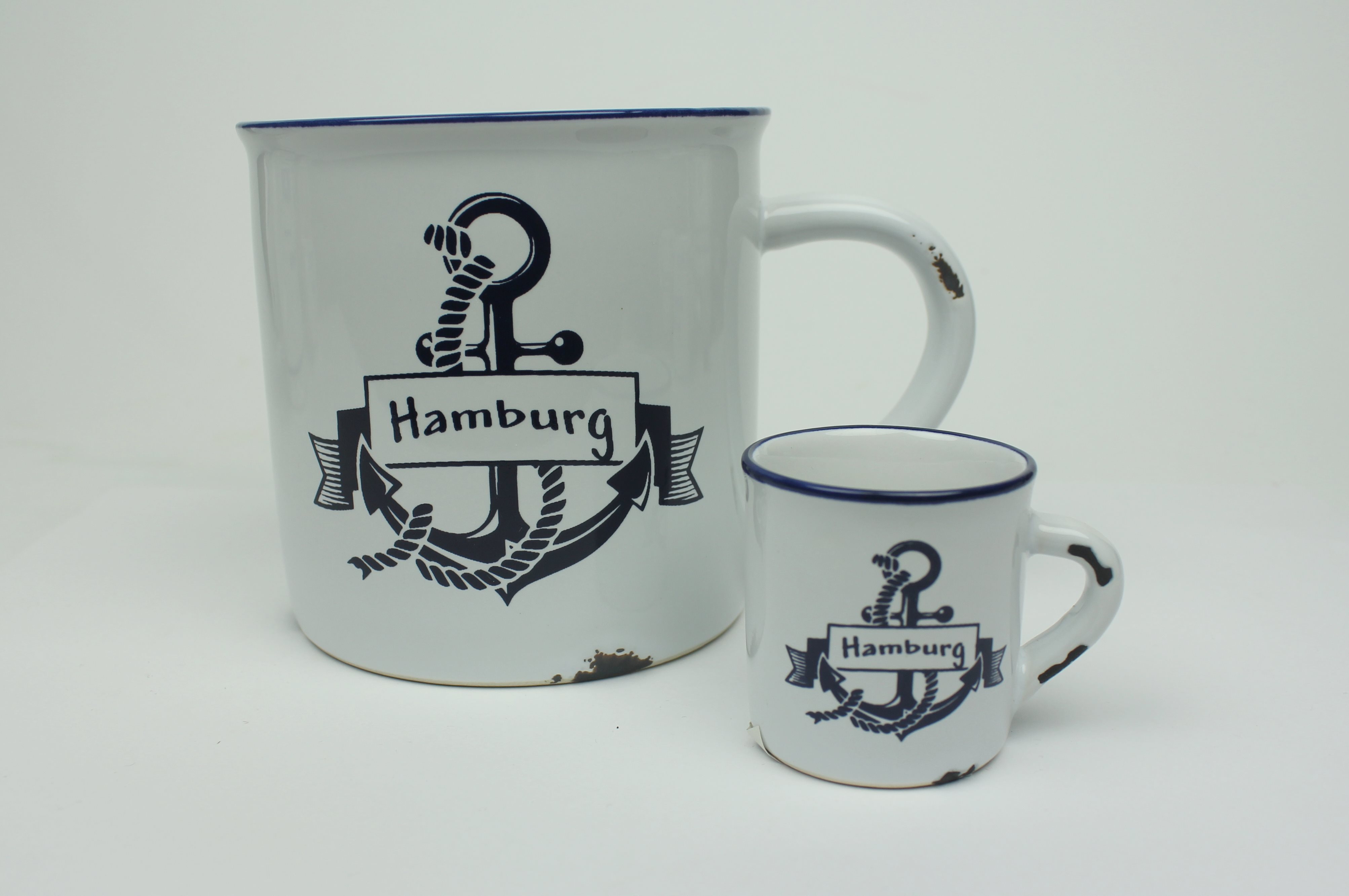 Rusty 2er Set Hamburg Anker + Mini Becher Kaffeebecher Kaffeepott weiß BLAU Emaille Tasse Becher