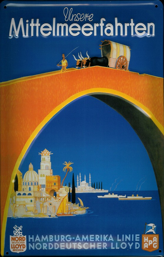 Blechschild Hapag Norddeutscher Lloyd Mittelmeerfahrten Brücke Dampfer Schiff Schild Nostalgieschild