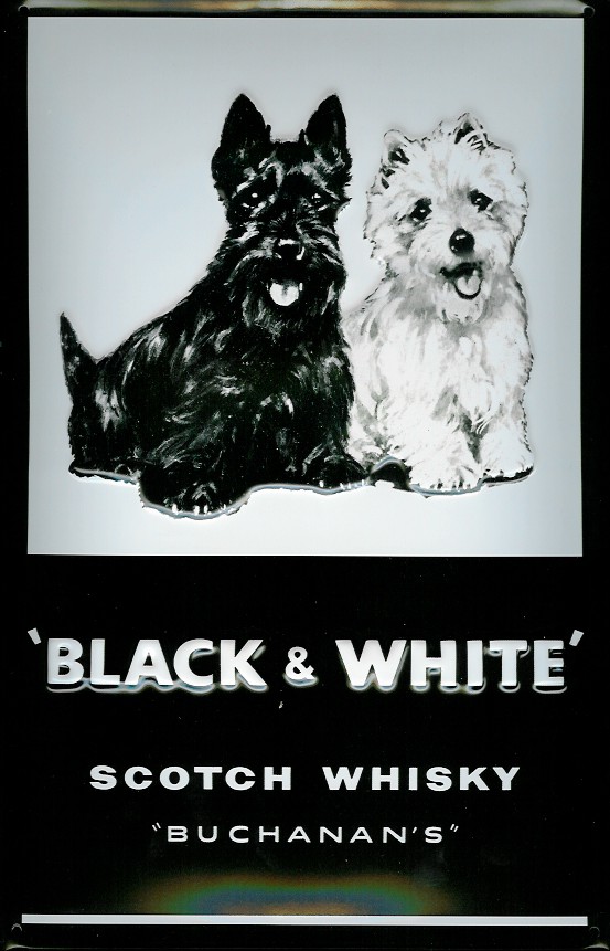 D175-Black-White Blechschild Black & White Scotch Whisky Hunde retro Schild Nostalgieschild