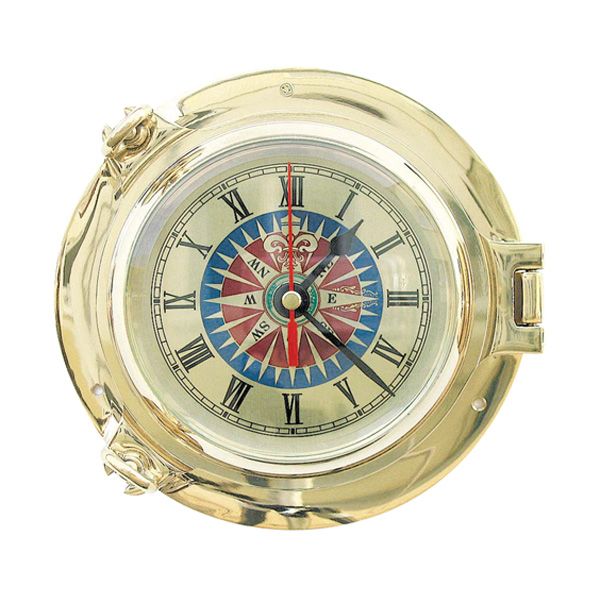 1248 Schiffsuhr Quartz Bullaugen-Uhr mit Windrosenziffernblatt 14cm Messing