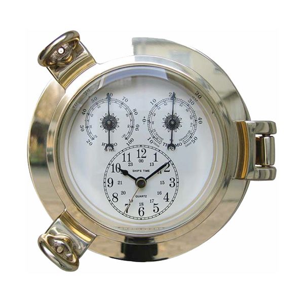 wetterstation-14cm Uhr, Thermometer / Hygrometer im Bullauge 14cm Messing Wetterstation