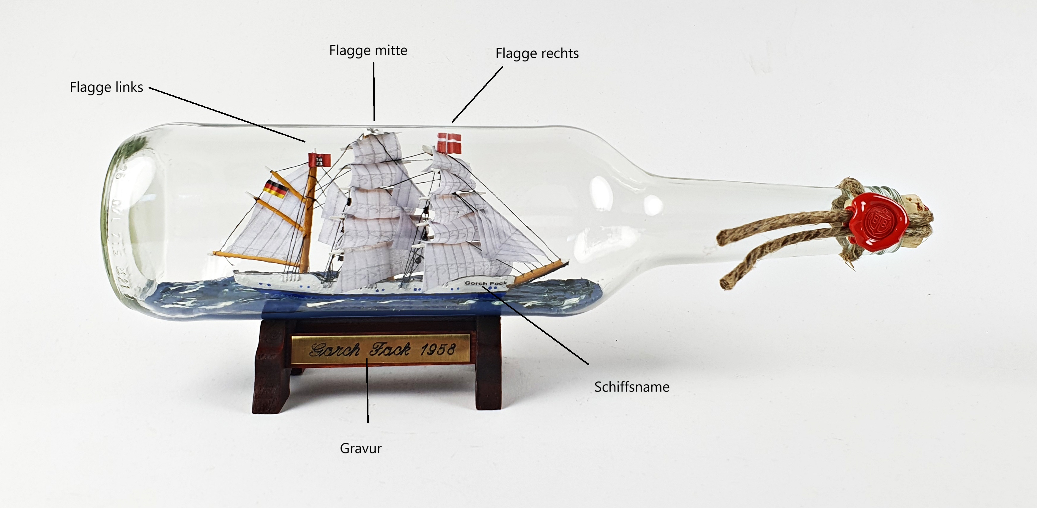 Buddelschiff 700ml "Gorch Fock" runde Flasche Flaschenschiff individuell nach Ihren Wünschen Buddelschiff 700ml "Gorch Fock" runde Flasche Flaschenschiff individuell nach Ihren Wünschen