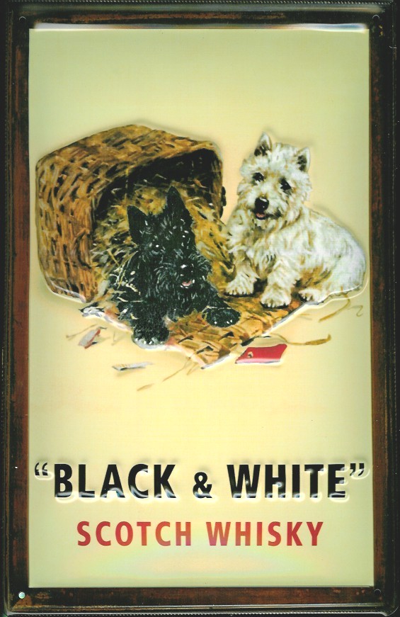 D163-Black-White Blechschild Black & White Scotch Whisky Korb Hund Katze Schild Nostalgie Werbeschild