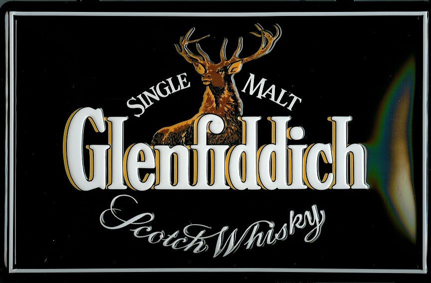 glenfiddich-whiskey-hirsch-blechschild Blechschild Glenfiddich quer Hirsch Scotch Whisky retro Schild Nostalgieschild