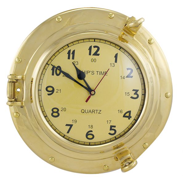 schiffsuhr-9238 Uhr im Bullauge 28,5cm Messing Quartzwerk