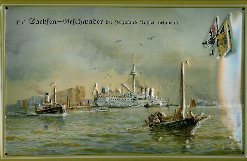 Blechschild Sachsen Kriegsschiff Geschwader vor Helgoland Dampfer Reedereiplakat Schiff Schild Nosta