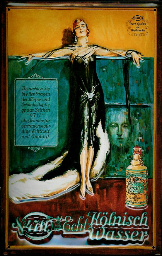 B142-4711-Frau-im-schw Blechschild 4711 Frau schwarzes Kleid Eau de Cologne Kosmetik kölnisch Wasser Parfum Schild Werbesch