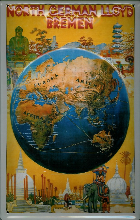 Blechschild Norddeutscher Lloyd Weltkugel North German Dampfer Reedereiplakat Schiff Schild Nostalgi