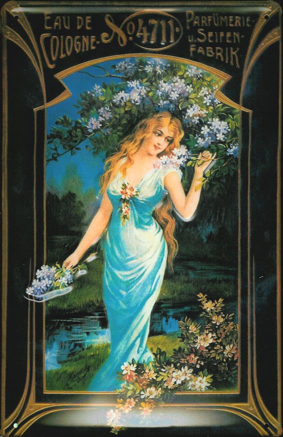 A722-4711-Seifenfabrik Blechschild 4711 Eau de Cologne Frau mit Blumen Kosmetik kölnisch Wasser Schild Parfum Werbeschild