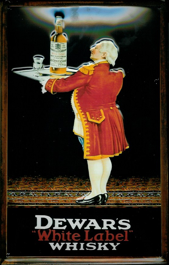 D211-Dewar-s-Whisky Blechschild Dewars White Label Whiskey Butler mit Tablett retro Schild Werbeschild