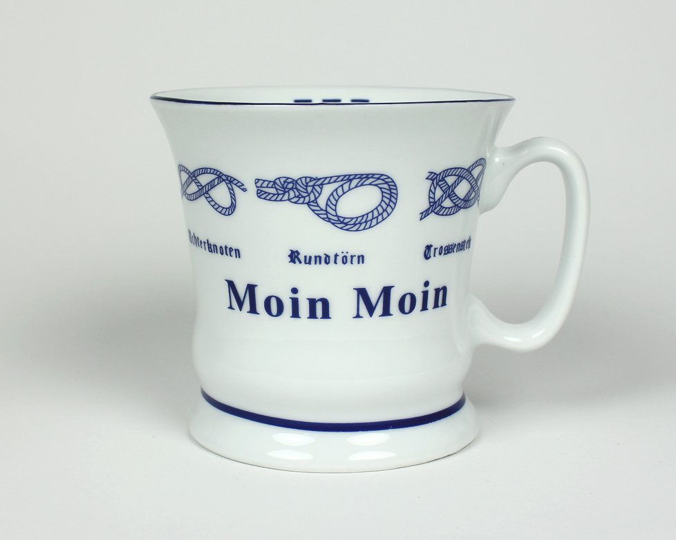 Moin-Moin_hoch Knotenbecher Moin Moin mit Seemannsknoten hoch Kaffeebecher Kaffeetasse Kaffee Pott