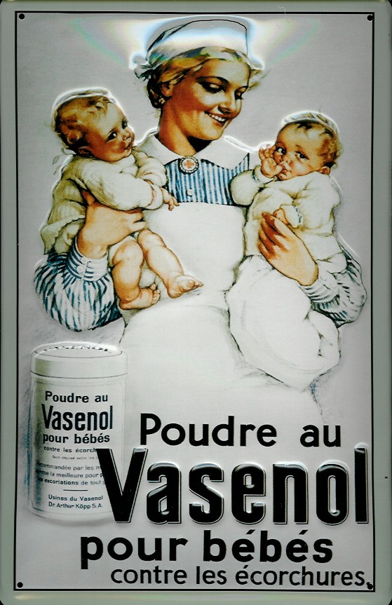 Blechschild Vasenol Kinder Puder Poudre au vasenol pour bébés Schild retro Werbeschild Nostalgieschi