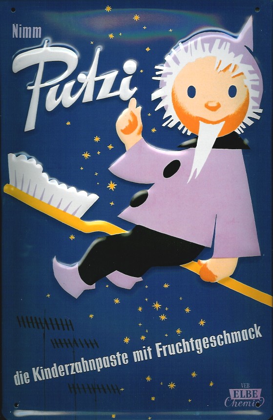Blechschild Putzi Kinderzahnpaste Zahnpasta Sandmann Zahnbürste DDR VEB Elbe Chemie Dresden Schild W