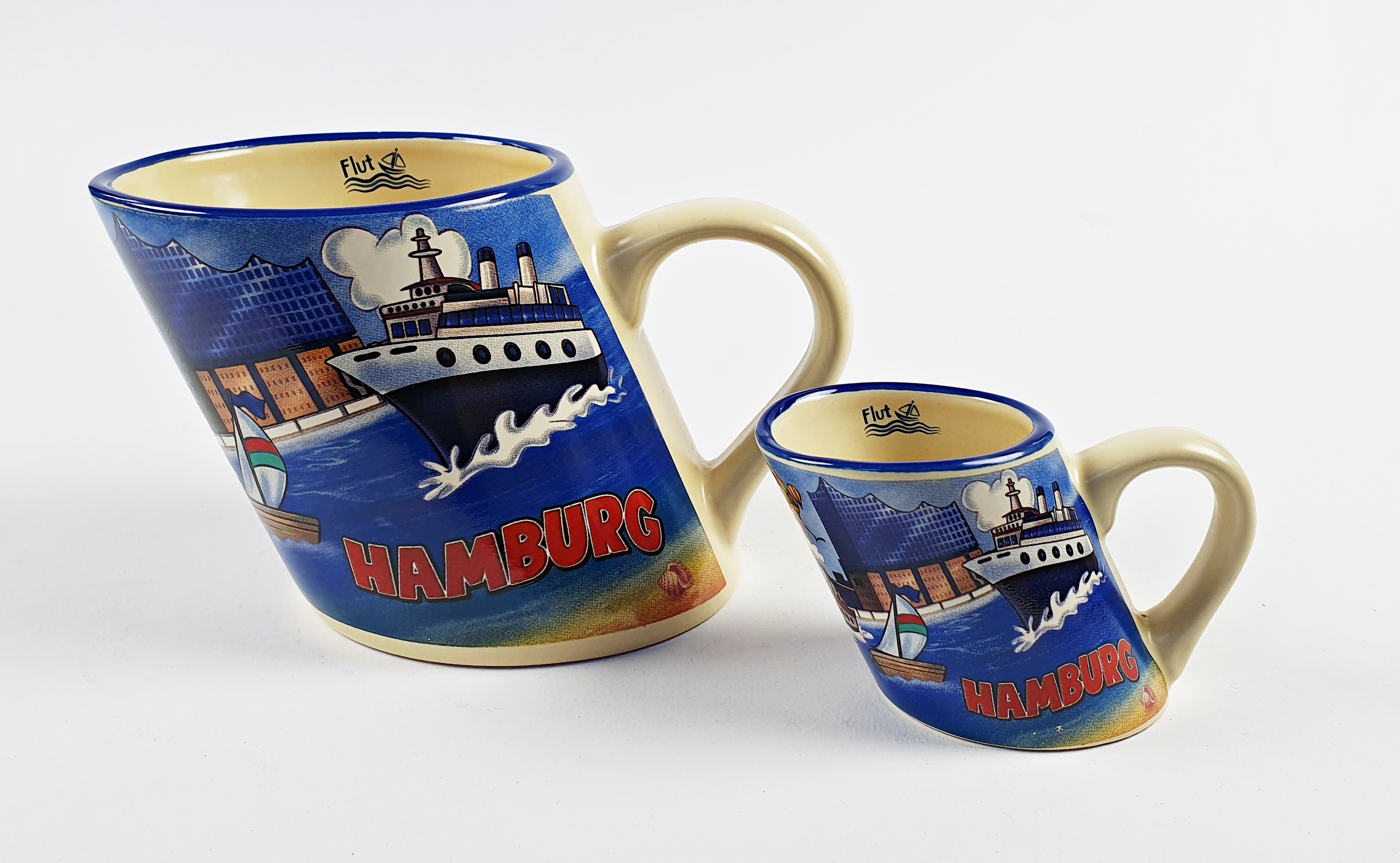 Schräger Becher + Mini Becher 2er Set Hamburg schiefe Tasse Elphi Rathaus Möwe Souvenir