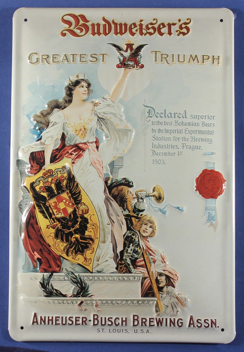 budweiser-beer-greatest-triumph-blechschild Blechschild Budweiser Beer greatest triumph Engel Bier Schild Kneipenschild