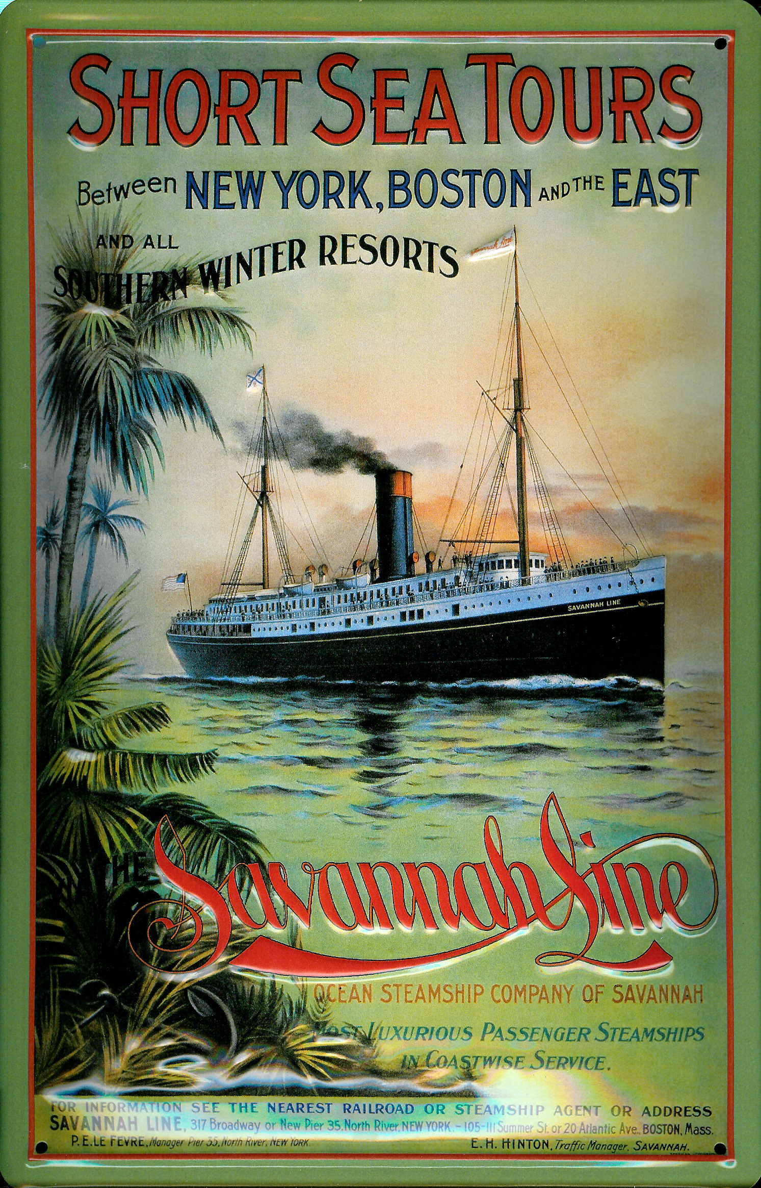 Blechschild Short Sea Tours Savannah Line Kreuzfahrt Dampfer Reedereiplakat Schiff Schild Nostalgies