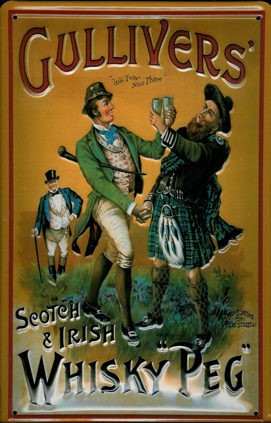 gullivers-whisky-blechschild Blechschild Gullivers Whisky Peg Schottenrock Kilt retro Schild Werbeschild