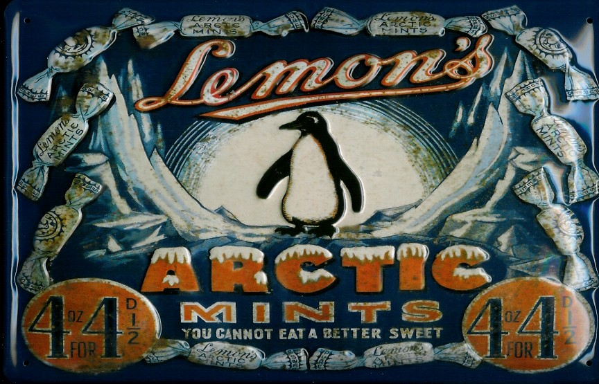 B253-Lemon-s-Mints Blechschild Arctic Mints Lemons Pinguin Bonbons Schild Nostalgieschild