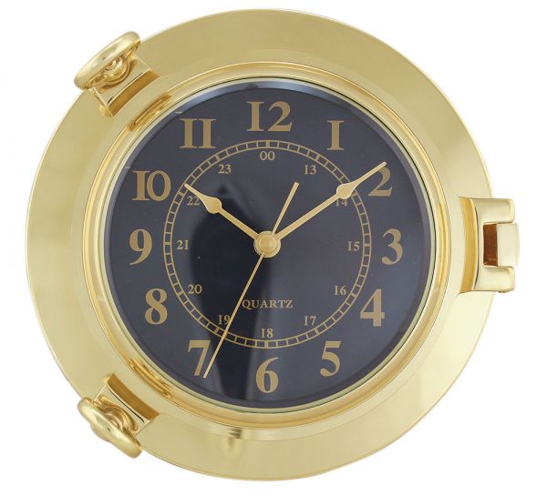 uhr-messing Uhr im Bullauge 22cm Messing Quartzwerk schwarzes Ziffernblatt