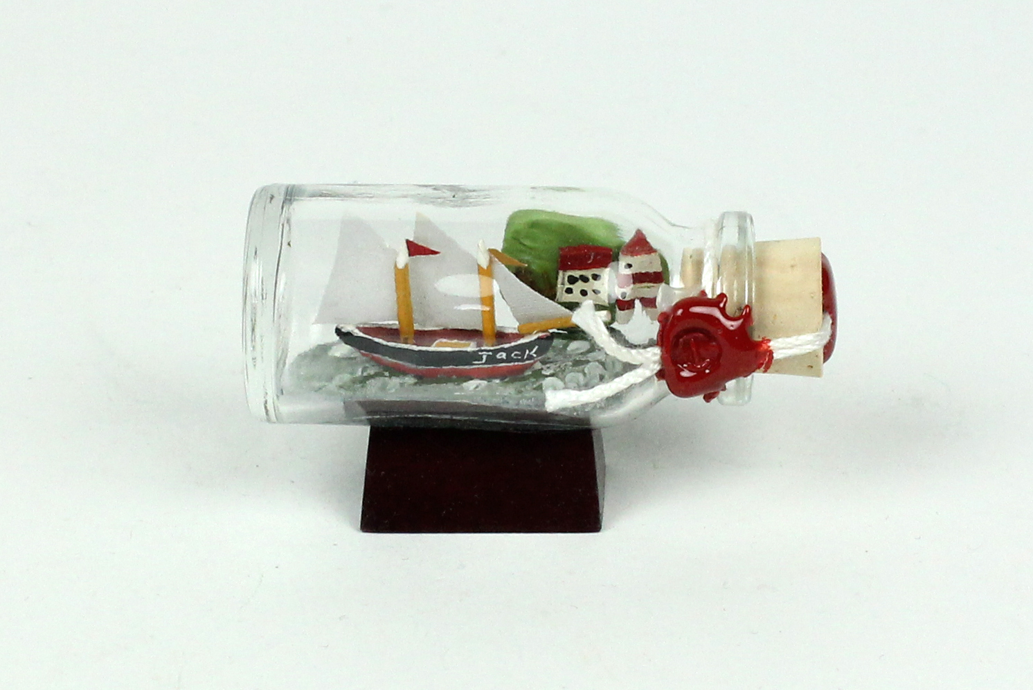 p141_2-Mast-Jack 2-Mastschoner mit Landschaft Mini Buddelschiff 10 ml 5x2 cm Flaschenschiff
