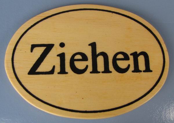 Ovales Holz - Türschild Ziehen 7x10 cm helles Holzschild