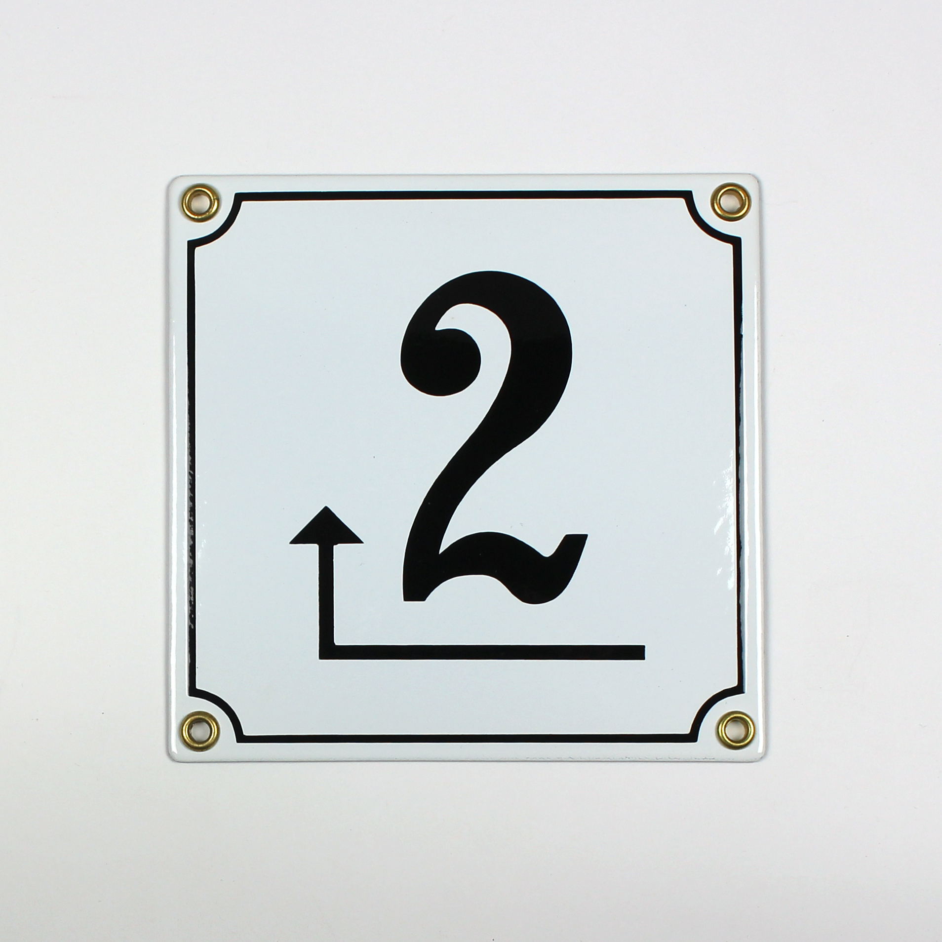 IMG_0405 Hausnummernschild 2 Pfeil links um die Ecke 14x14 cm Emailleschild