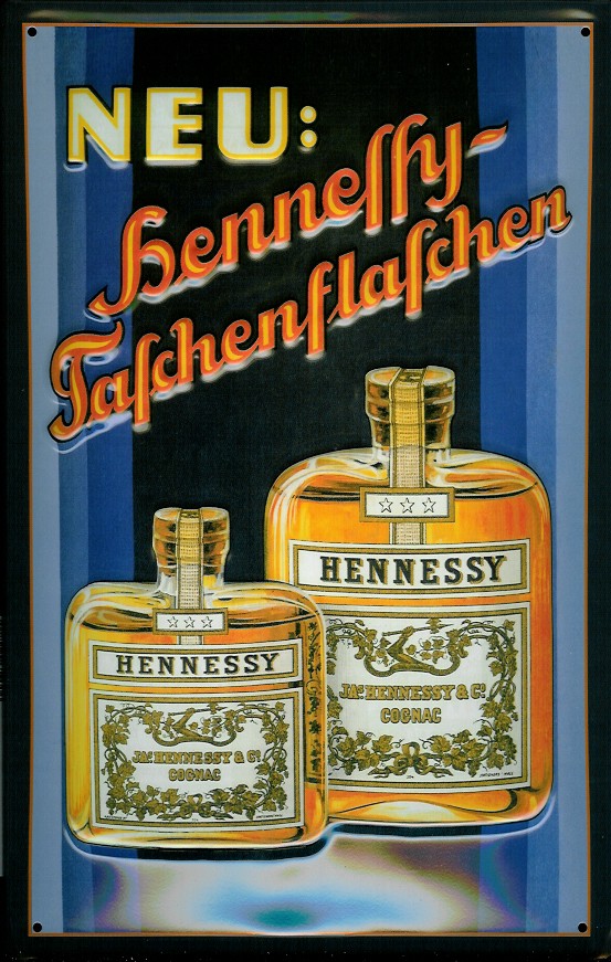 hennessy-taschenflaschen-blechschild Blechschild Hennessy Cognac Taschenflasche Schild Weinbrand Brandy Werbeschild