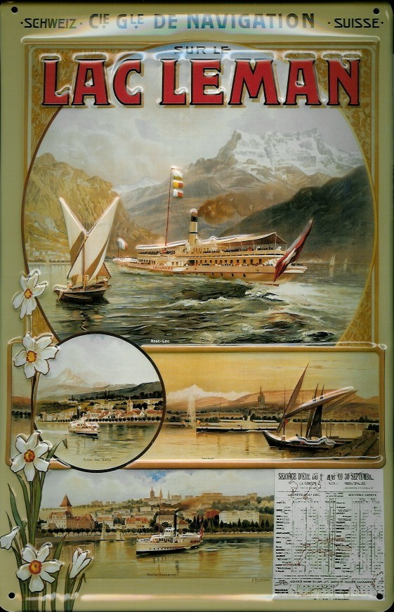 Blechschild Lac Leman Alpensee Fähre Fahrplan Schiffe Dampfer Schiff Schild Nostalgieschild Berge