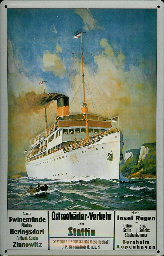 Blechschild Ostseebäder Verkehr Stettin Rügen Heringsdorf Dampfer Reedereiplakat Schiff Schild Nosta