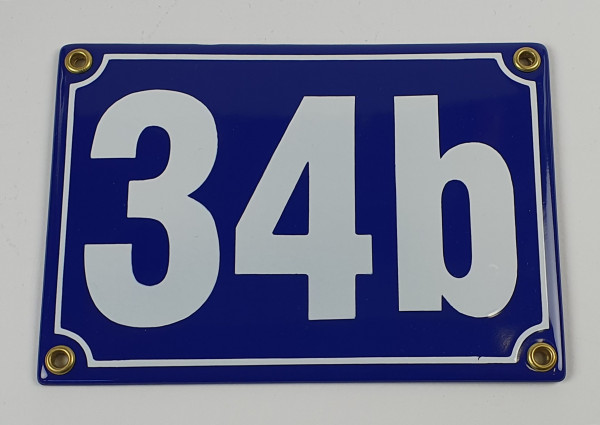 Hausnummernschild 34b blau Blockschrift 17x12 cm Emailleschild