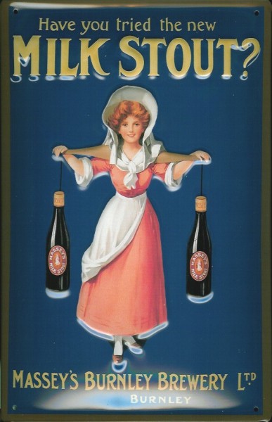 Blechschild Milk Stout Frau mit 2 Flaschen Bier Beer Schild Nostalgieschild