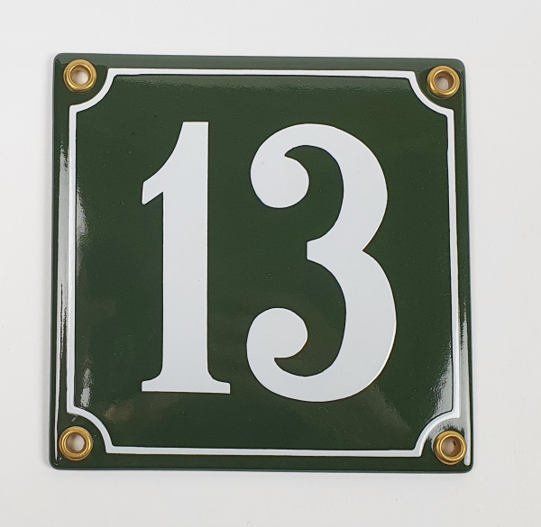 13 grün / weiß Clarendon 12x12 cm sofort lieferbar Schild Emaille Hausnummer