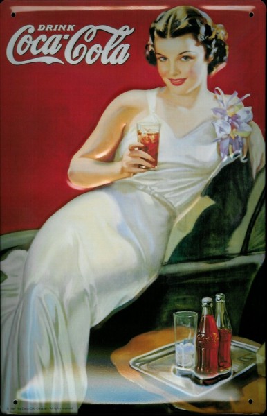 Blechschild Coca Cola Lady Frau weisses Kleid retro Schild Werbeschild