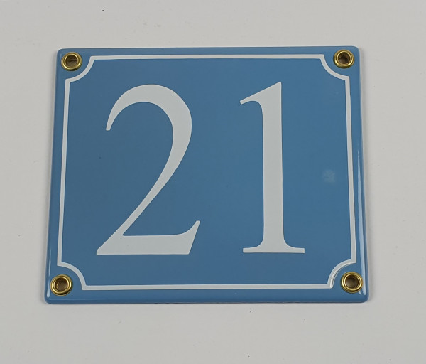 21 hellblau / weiß Serif 14x12 cm sofort lieferbar Schild Emaille Hausnummer