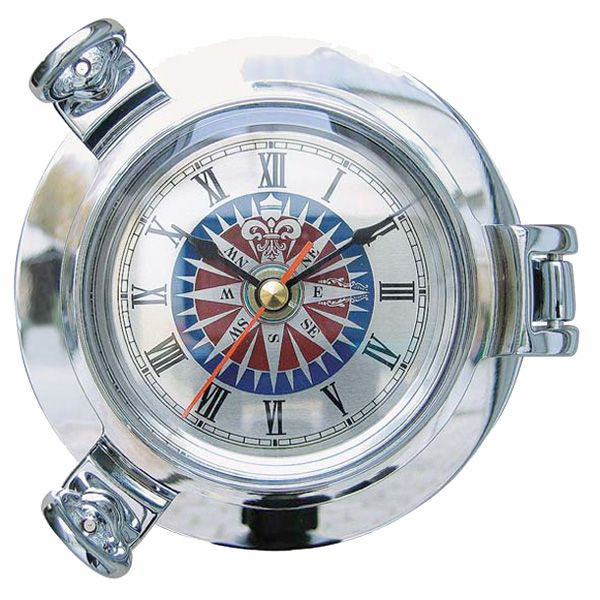 Schiffsuhr Quarz Bullaugen-Uhr mit Windrosenziffernblatt verchromt 14cm
