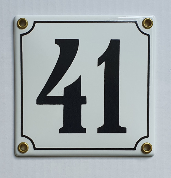 Hausnummernschild 41 weiß / schwarz 12x12 cm
