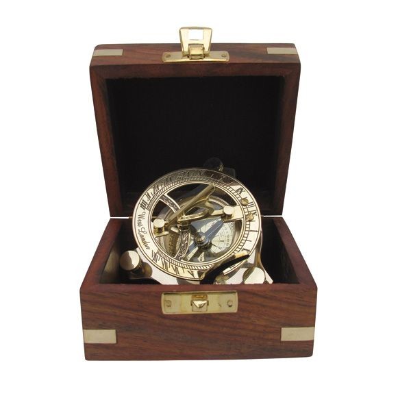 Kompass Messing 7,5 cm mit Sonnenuhr und Holzbox