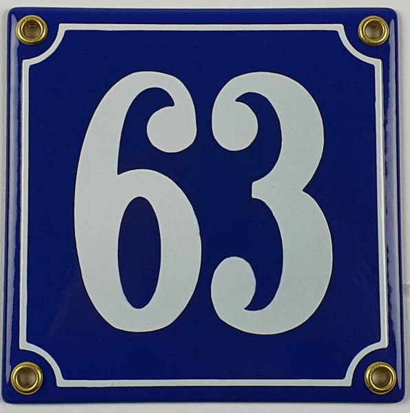 63 blau Clarendon 12x12 cm sofort lieferbar 3-stellig Schild Emaille Hausnummer