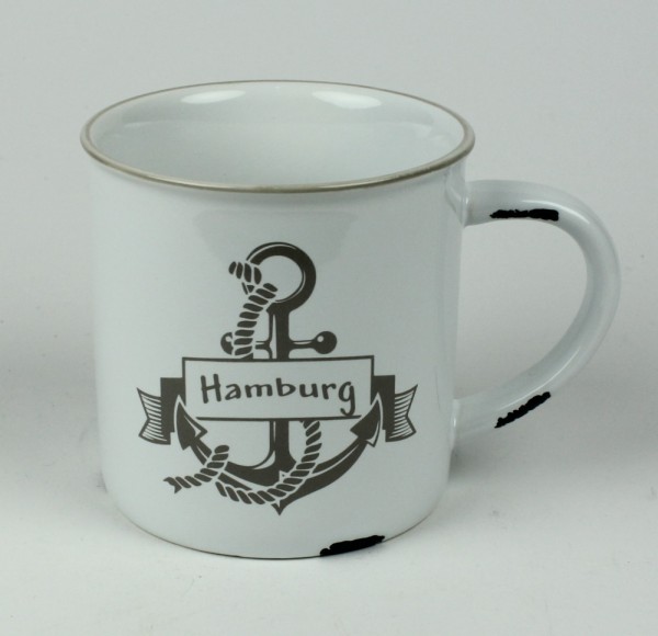 Hamburg Anker Kaffeebecher Kaffeepott weiß GRAU "Rusty" Emaille-Optik Tasse Becher
