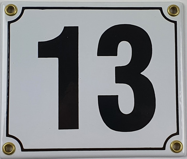 13 weiß / schwarz Blockschrift 14x12 cm sofort lieferbar Schild Emaille Hausnummer