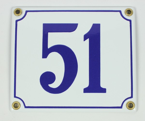 51 weiß/blau Clarendon 12x14 cm sofort lieferbar Schild Emaille Hausnummer