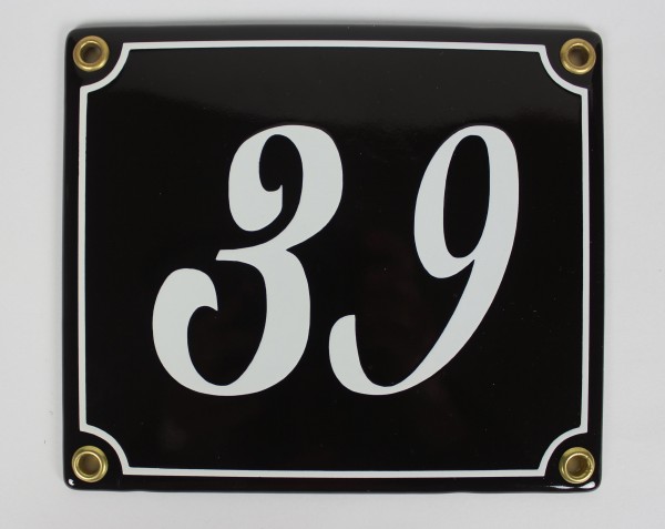 Hausnummernschild 39 schwarz Schreibschrift 14x12 cm Emailleschild