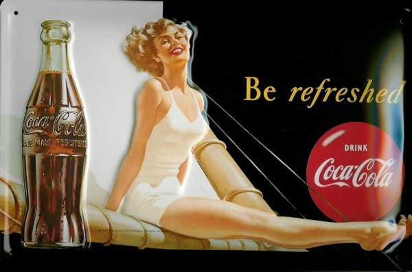 Blechschild Coca Cola be refreshed Segelboot Frau retro Schild Werbeschild