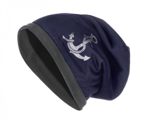 Fleece Beanie Mütze mit Anker Print blau oder rot