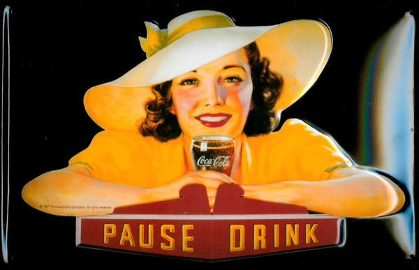Blechschild Coca Cola Pause Drink Lady Frau gelb retro Schild Werbeschild