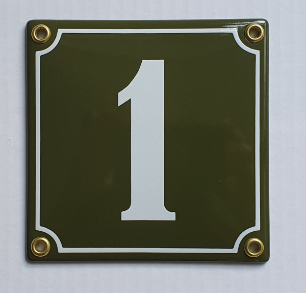1 mittelgrün / weiß Clarendon 12x12 cm sofort lieferbar Schild Emaille Hausnummer
